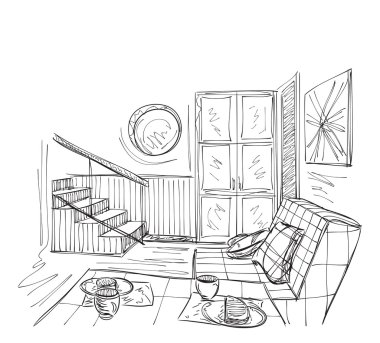 Modern iç Oda kroki. Elle çizilmiş mobilya.