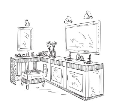 Banyo iç öğeleri. Elle çizilmiş ayna.