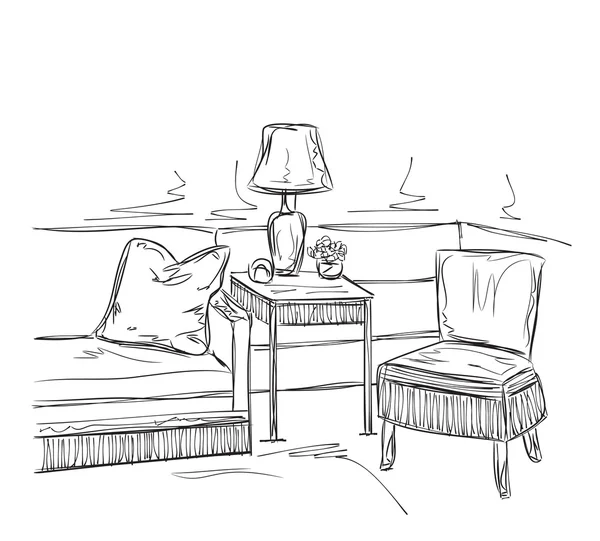 モダンなインテリアの客室スケッチ。手描きの家具. — ストックベクタ