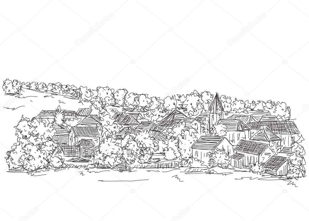 Landscape with Trees and village House.