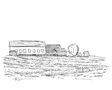 Alanlar ve köy evi ile manzara.