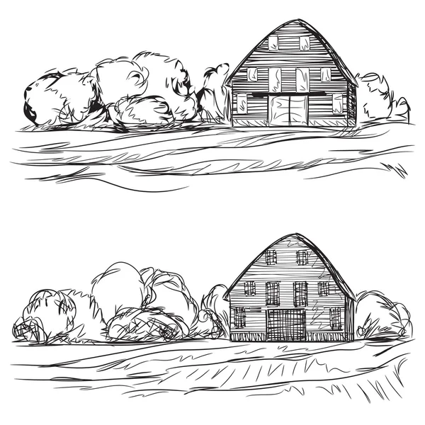 Paisagem com campos agrários e casa de aldeia . —  Vetores de Stock