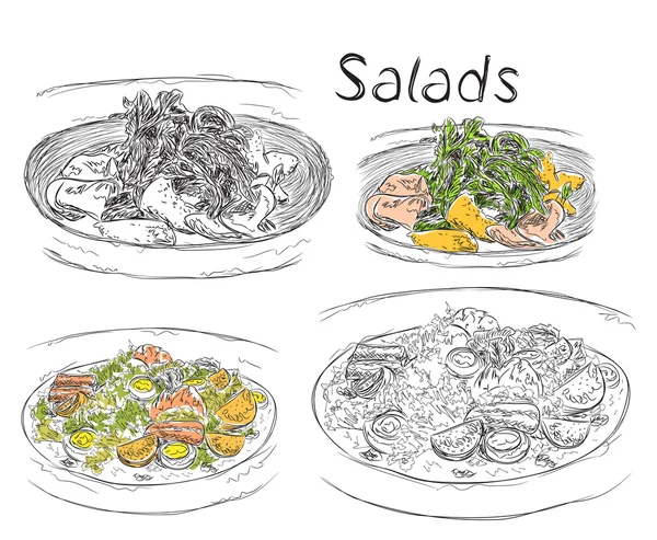 Menú de almuerzo dibujado a mano de las ensaladas — Vector de stock