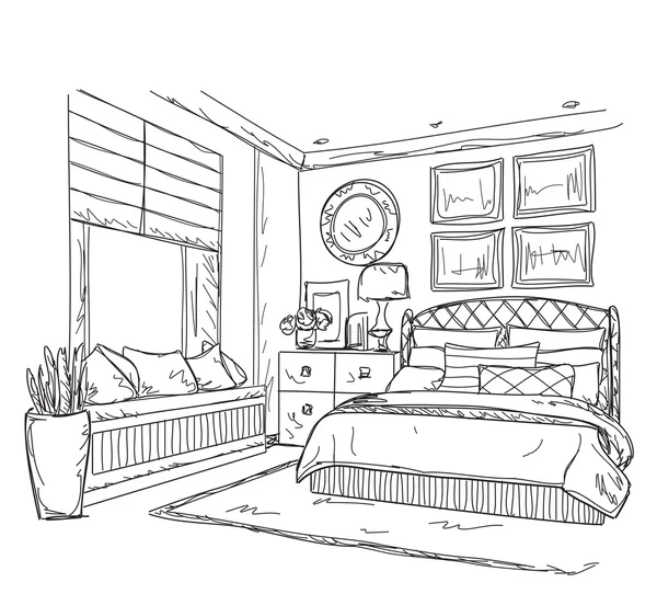 Dormitorio moderno dibujo interior — Vector de stock