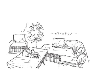 Modern iç Oda kroki. Elle çizilmiş mobilya.