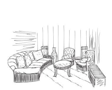 Modern iç Oda kroki. Elle çizilmiş mobilya.