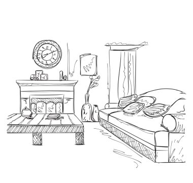 Modern iç Oda kroki. Elle çizilmiş mobilya.