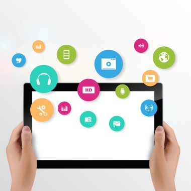 Uygulama simgeleri ve tablet insan elinde