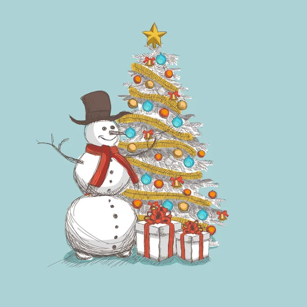 Elle çizilmiş Noel ağacı ve kardan adam — Stok Vektör