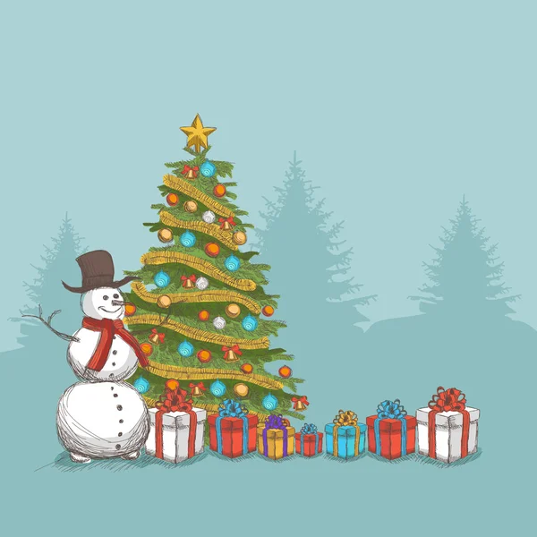 手描きのクリスマス ツリーと雪だるま — ストックベクタ