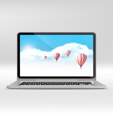 Vector laptop computer with sky in screen and hot air balloon.Realistic Business illustration. (not traced)