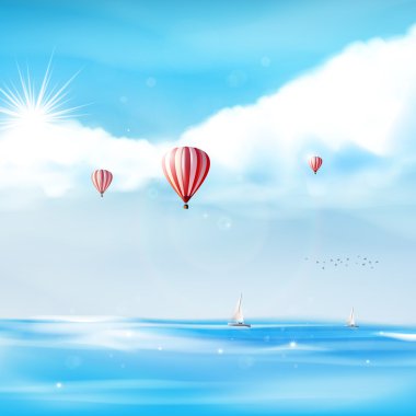 Beach and tropical sea with bright sun and hot airballoon on blue sky. Photorealistic Vector (not Traced)