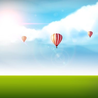Cloudy blue sky with colorful air balloons and green land. Photorealistic Vector (not Traced)