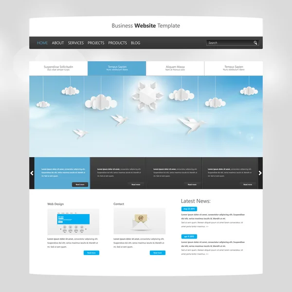 Website Template with sky and origami clouds bird sun, Vector illustation. — ストックベクタ