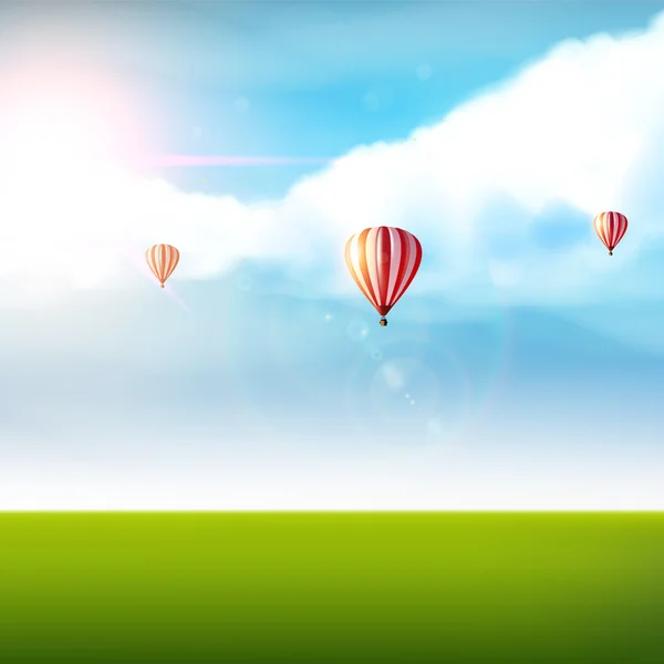 Cloudy blue sky with colorful air balloons and green land. Photorealistic Vector (not Traced) — Stockvector