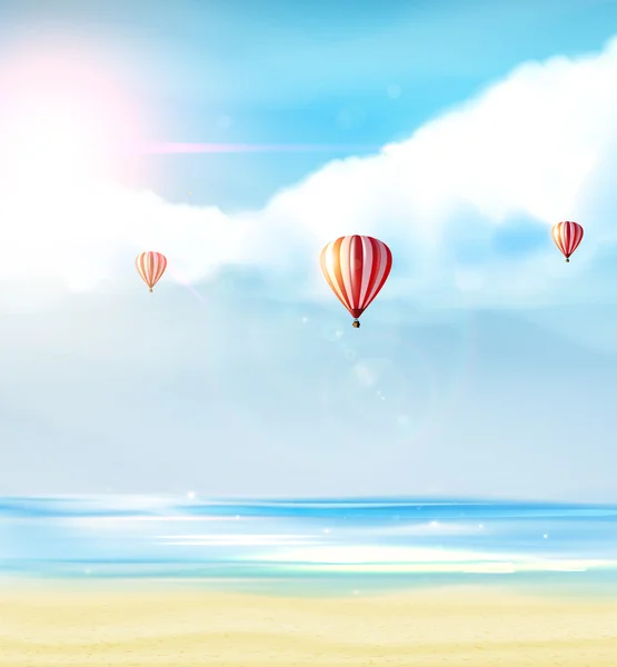 Beach and tropical sea with bright sun and hot air balloon on blue sky. Photorealistic Vector (not Traced) — Stok Vektör