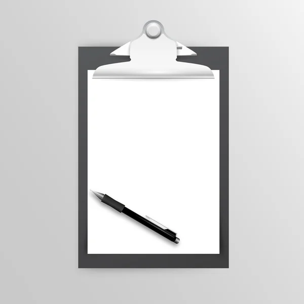 Plastic clipboard with blank paper sheet and pen isolated on white — Stock Vector