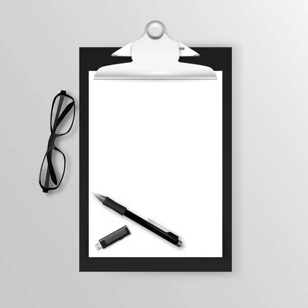 Plastic clipboard with blank paper sheet and pen isolated on white — Stockový vektor