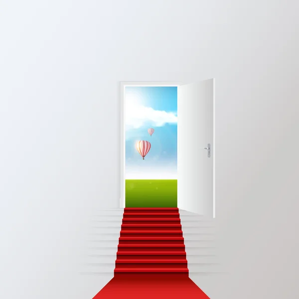 Staircase red carpet to fantasy world blue cloudy sky and hot air balloons, with open door, realistic Vector illustration. — Διανυσματικό Αρχείο