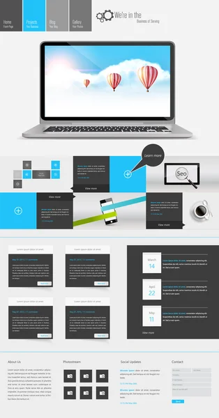 Modern One Page Website Template Can be use Responsive Website on Touchscreen Devices. Open laptop and Blue sky with hot air ballons illustration. — Stok Vektör