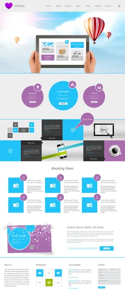 Plantilla de sitio web moderna de una página Se puede utilizar el sitio web sensible en dispositivos de pantalla táctil. Cielo azul con ilustración de globos de aire caliente . — Archivo Imágenes Vectoriales