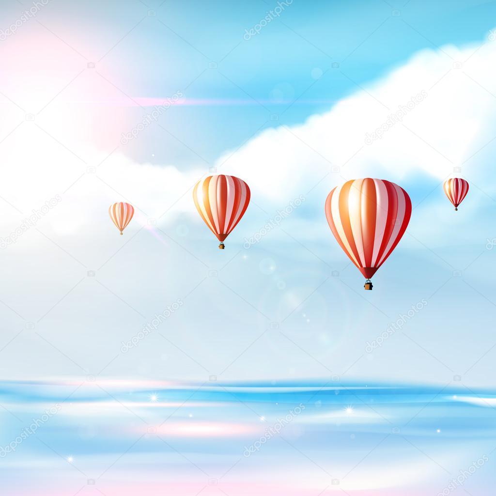 Beach and tropical sea with bright sun and hot airballoon on blue sky. Photorealistic Vector (not Traced)