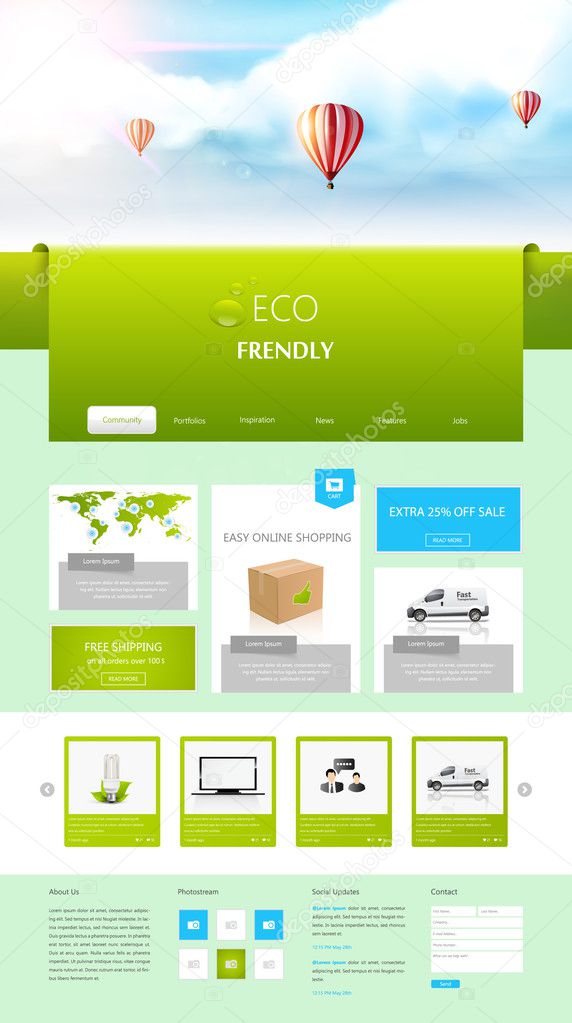 Eco One Page Website Design for Your Business with hot air balloons realistic illustration.