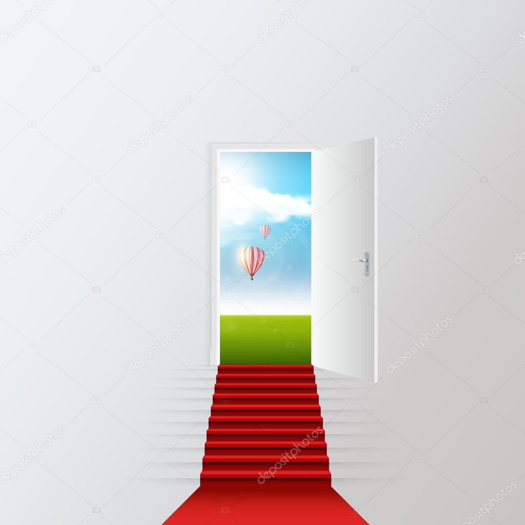 staircase red carpet to fantasy world blue cloudy sky and hot air balloons, with open door, realistic Vector illustration.