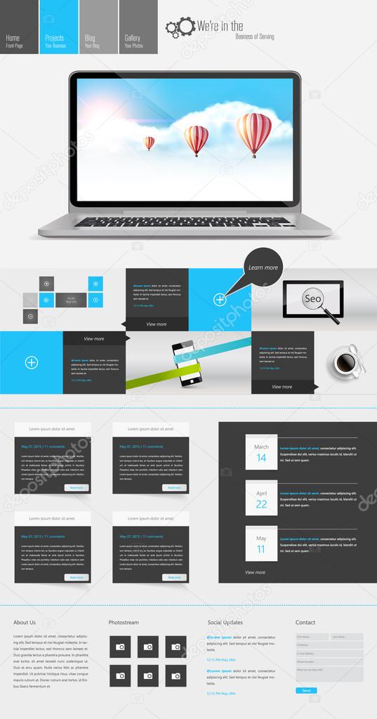 Modern One Page Website Template Can be use Responsive Website on Touchscreen Devices. Open laptop and Blue sky with hot air ballons illustration.