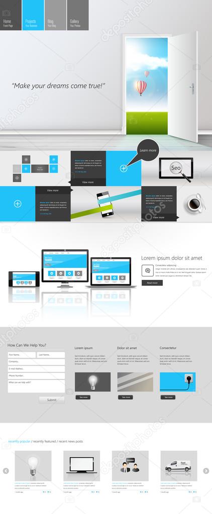 Modern One Page Website Template Can be use Responsive Website on Touchscreen Devices. With open door to Dreamland Vector illustration.