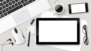 Gerçekçi vektör ofis mobilyaları, çalışma alanı'nın Üstten Görünüm.