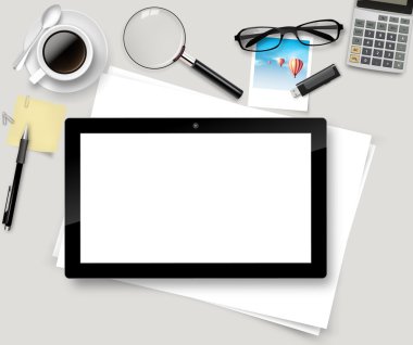 Vektör en iyi ofis masaları fincan kahve, kağıt, kalem, tablet ile.