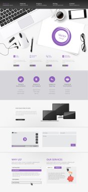 Office sahne bir sayfa web sitesi tasarım şablonu Kırtasiye elemanları ile