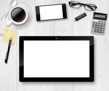 Vektör en iyi ofis masaları fincan kahve, kalem, tablet ve telefon ile.