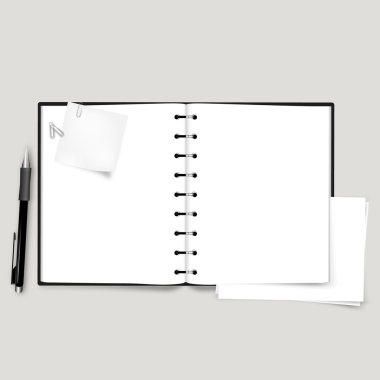 Vektör açık defter, kağıt levha ve not kağıdı,
