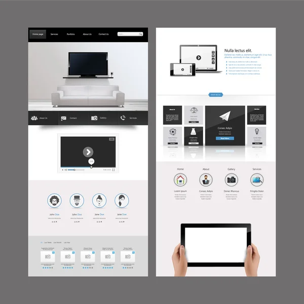 Modern temiz bir sayfa web sitesi tasarım şablonu. Tüm Web sitesi tasarımı için bir set bu Tablet ile el gerçekçi şekilde bir sayfa web sitesi şablonu dahil edilir..