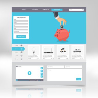 Düz web tasarım öğeleri, düğmeler, simgeler. Web sitesi şablonu. Vektör