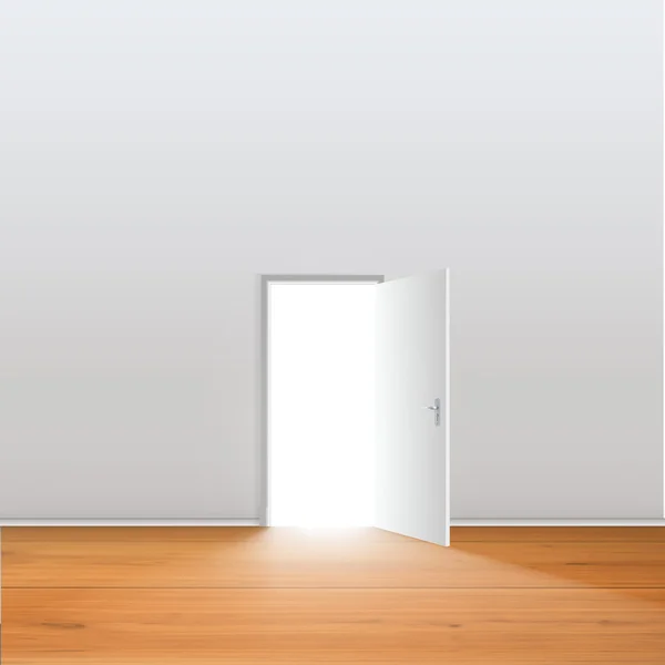 Lichte open deur in witte muur met schaduw — Stockvector