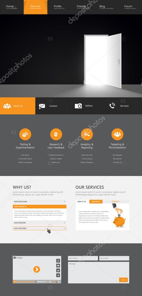 Website interface template- one page and set of buttons and flat icons. Modern flat style. Vector