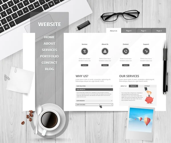 Kreative professionelle website template design, office desk theme. — Stockvektor