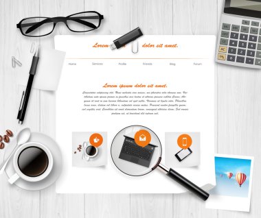 Vektör görünümü ve bir ahşap masa, Web sitesi withoffice malzeme üzerine yukarıda.