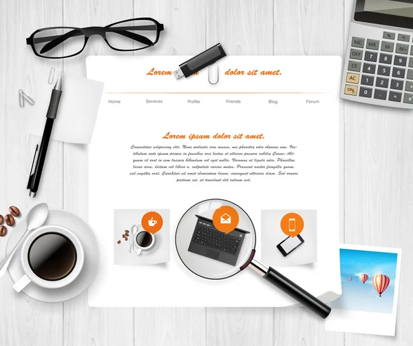 それの上の木製のテーブルとウェブサイト withoffice 素材表示上のベクトル. — ストックベクタ