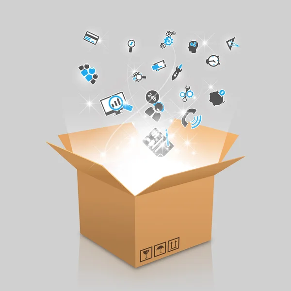 Caja abierta con la luz de salida y los iconos web — Vector de stock