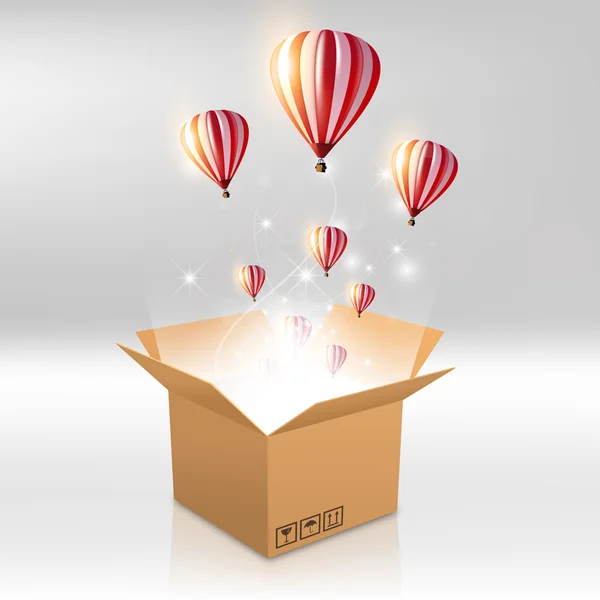 Caja abierta con la luz saliente y globo de aire caliente. Vector — Vector de stock