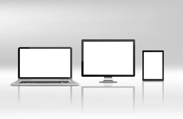 Laptop-Smartphone und Tablet-Attrappe weißer Hintergrund — Stockvektor