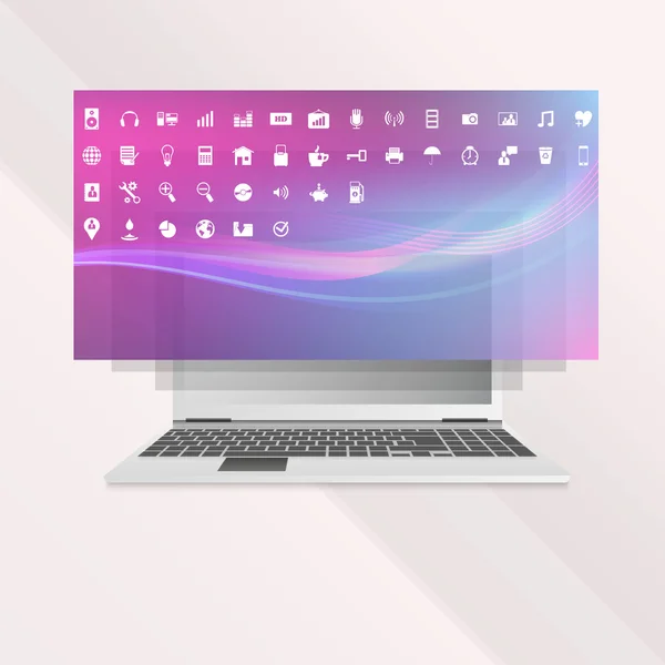 Laptop mit Ebenen und Symbolen — Stockvektor