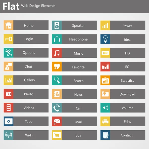 Platte Web Design elementen, knoppen, pictogrammen. — Stockvector