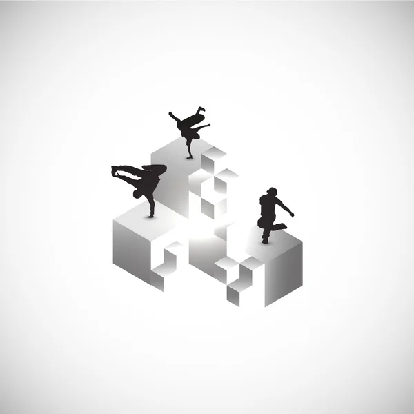 Minimal cubes art with breakdance silhouttes — Stock Vector