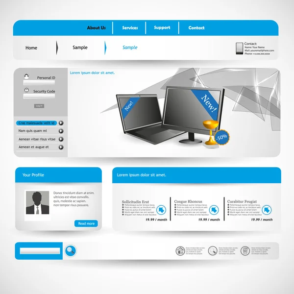 Eenvoudige homepage sjabloon met blauwe thema — Stockvector