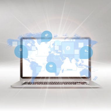 Laptop computer with wold map. clipart